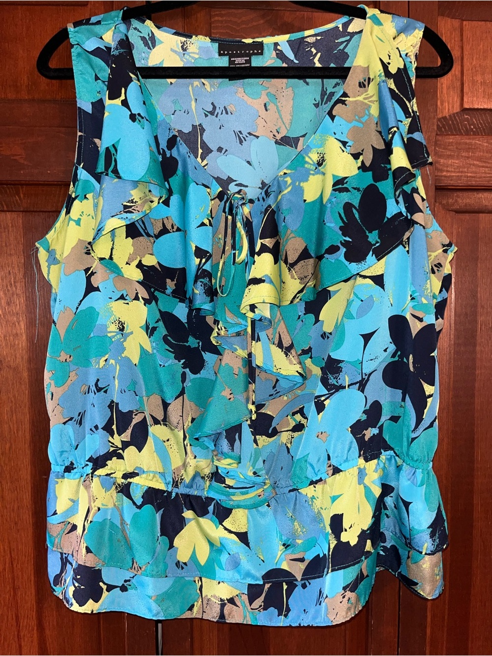 Apostrophe Teal Blue & Floral Ruffle Tie blouse